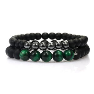 Close-up of matte black beads with tiger eye and hematite stones on two bracelets