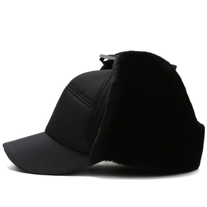 Men's winter aviator trapper hat with windproof fabric and warm plush ear flaps in black