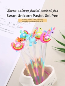 Detail showing cartoon swan and unicorn silicone toppers on colorful pastel gel pens