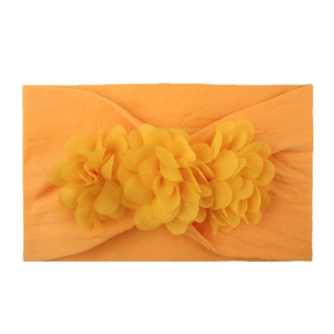 Yellow nylon baby headband with three soft chiffon flowers and high elasticity strap