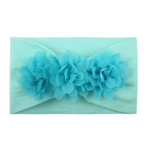 Soft nylon baby headband with three mint green chiffon flowers for infant girls