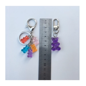 Colorful resin gummy bear keychains with silver alloy clasp and size ruler reference