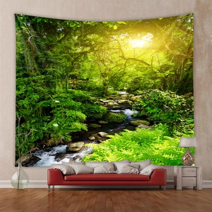 Detail of tropical rainforest wall tapestry with lush green forest and stream scenery