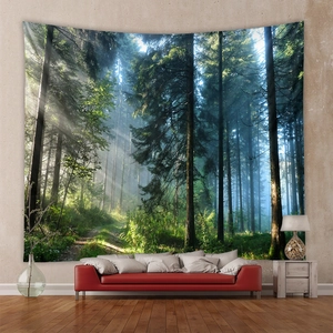 Detail of forest landscape tapestry with morning sunlight through trees for wall decor