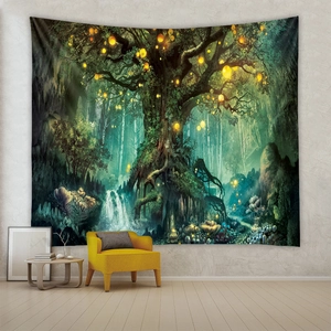Detail view of a glowing forest tapestry with green trees behind a yellow sofa