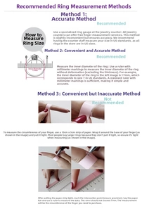 Detailed size guide showing three methods to measure ring diameter and finger circumference