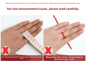 Visual guide showing incorrect ring sizing methods using measuring tapes and thick ropes