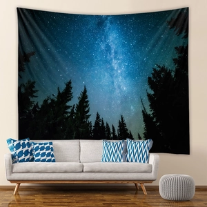 Detail of galaxy forest tapestry hung on wall above a cozy white sofa and blue pillows