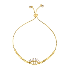 Adjustable golden evil eye bracelet featuring micro-pasted cubic zirconia stones