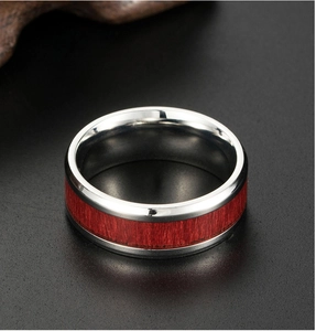 Mens titanium steel ring featuring a red wood grain inlay with a polished silver finish