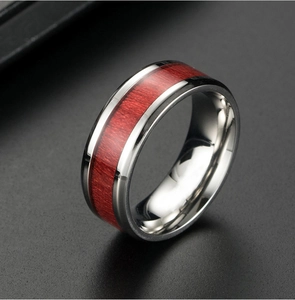 Men Titanium Steel Ring With Red Wood Grain Inlay Polished Stainless Steel Wide Band Ring Fashion Jewelry For Men Gift