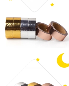 Macro shot of gold, silver, and rose gold metallic washi tapes on a white background