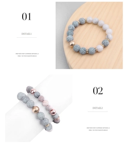 Detail view of lava stone bracelet with marble beads and rose gold rhinestone accents