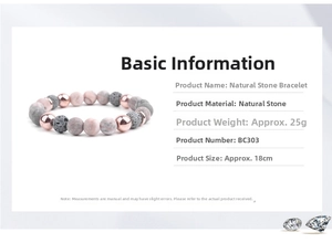 Detail view of 18cm natural pink marble and grey lava stone bead bracelet weighing 25g