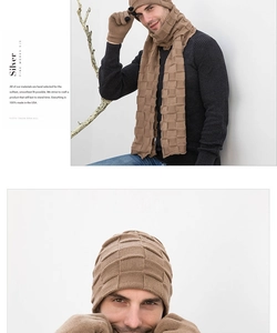 Detailed close-up view of a brown winter knitted hat, scarf and gloves set for men