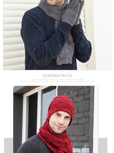 Detail of knitted winter set featuring scarf, beanie and gloves with grid texture