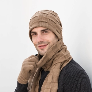 Winter 3-piece knit set with khaki beanie scarf and gloves in textured checkerboard pattern