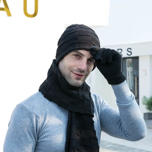 Men's winter black knitted 3-piece set including warm beanie hat, scarf and gloves