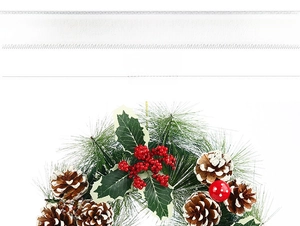 Detail of Christmas wreath with pine needles, cones, red berries and mushroom decor