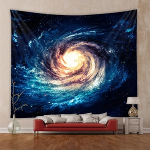 Detailed close-up of galaxy nebula tapestry with deep blue and yellow swirl patterns