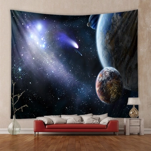 Detail of a galaxy tapestry with realistic nebula and planets over a sofa