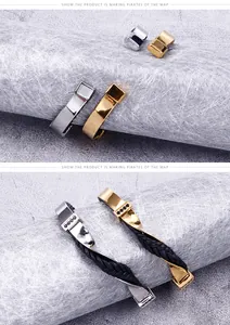 Dettaglio del bracciale in pelle intrecciata con chiusure in metallo oro e argento e pietre
