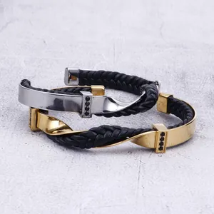Bracciale da uomo in pelle intrecciata con elementi in acciaio ritorto e zirconi neri