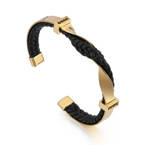 Bracciale da uomo in pelle nera intrecciata e acciaio inossidabile oro con pietre