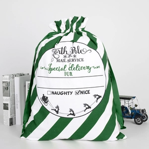 Detail of Christmas canvas drawstring gift bag with North Pole Mail Service print