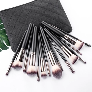 15-piece professional matte black makeup brush set with purple gradient synthetic bristles