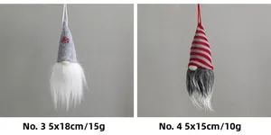 Detail view of two wool felt Christmas gnomes with size specs of 5x18cm and 5x15cm