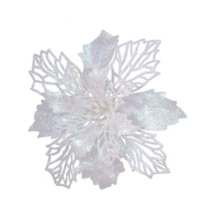 Close-up of white glittery hollow Christmas flower ornament for DIY holiday tree decor