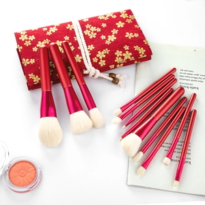 Professional 12-piece red makeup brush set with floral satin roll bag on white surface