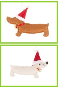 Detail of felt dachshund Christmas ornaments with red hats and small gold bells