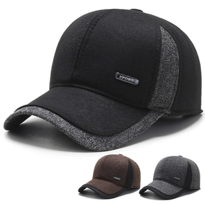 Men Winter Baseball Cap Earflap Warm Thickened Woolen Patchwork Hat Metal Sport Decor Adjustable For Middle Aged Elderly