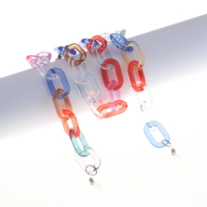 Colorful acrylic eyewear chain with transparent links and adjustable silicone grips