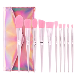 Detailed set of 10 pink makeup brushes with rose gold handles and a holographic pouch