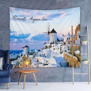 Nordic wall tapestry with Santorini blue dome print and romantic Aegean Sea landscape