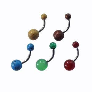 Five assorted wooden and turquoise beads navel rings with curved stainless steel bars