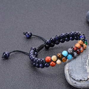Detail of handmade dual-layer galaxy bracelet with multi-color natural stone beads