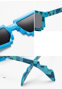 Detail view of pixel-style sunglasses featuring integrated nose pads and durable hinges