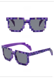 Detail view of purple pixelated checkerboard sunglasses with grey UV lenses and side temples