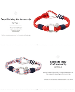 Detailed close-up of a tricolor nautical paracord bracelet with a silver U-shaped shackle clasp