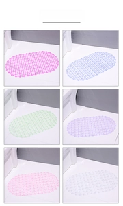 Detail showing six colors of non-slip PVC bath mats with drainage holes and suction cups