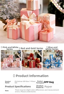 Detail showing 7-piece Christmas gift box set in various colors with satin ribbon decor
