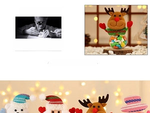 Detail of mini Christmas candy jars featuring plush Santa and reindeer character lids