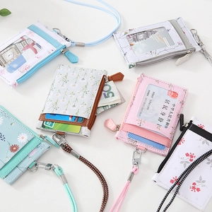 Floral PU leather ID card holder lanyard wallet with zipper coin pocket in pastel colors
