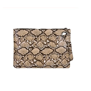 Fashionable snake skin print clutch bag with metal ring handle and wrist strap