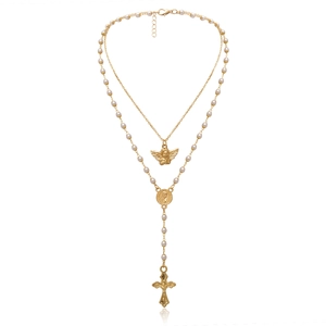 Vintage gold layered necklace with angel pendant pearl beads and a cross drop charm