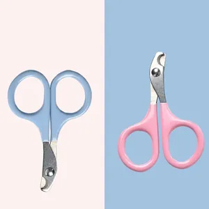 Pink and blue cat nail clippers with curved stainless steel blades for pet grooming